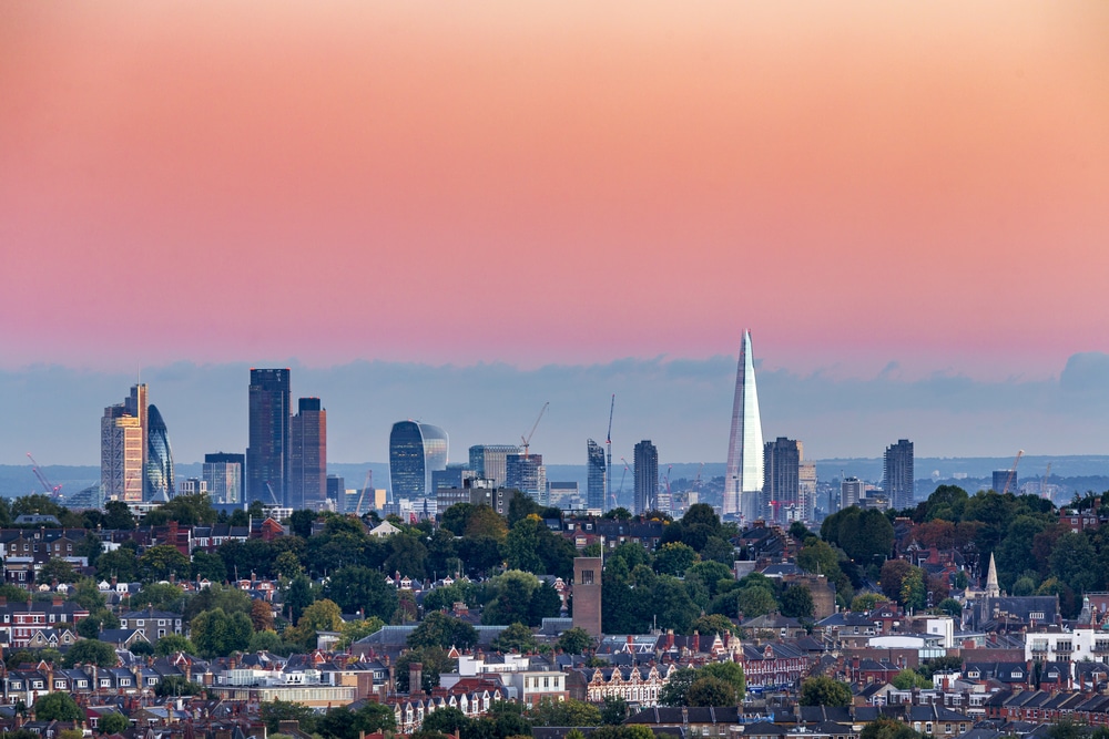 The panoramic view of the city from the top of Alexandra Palace Park in North London