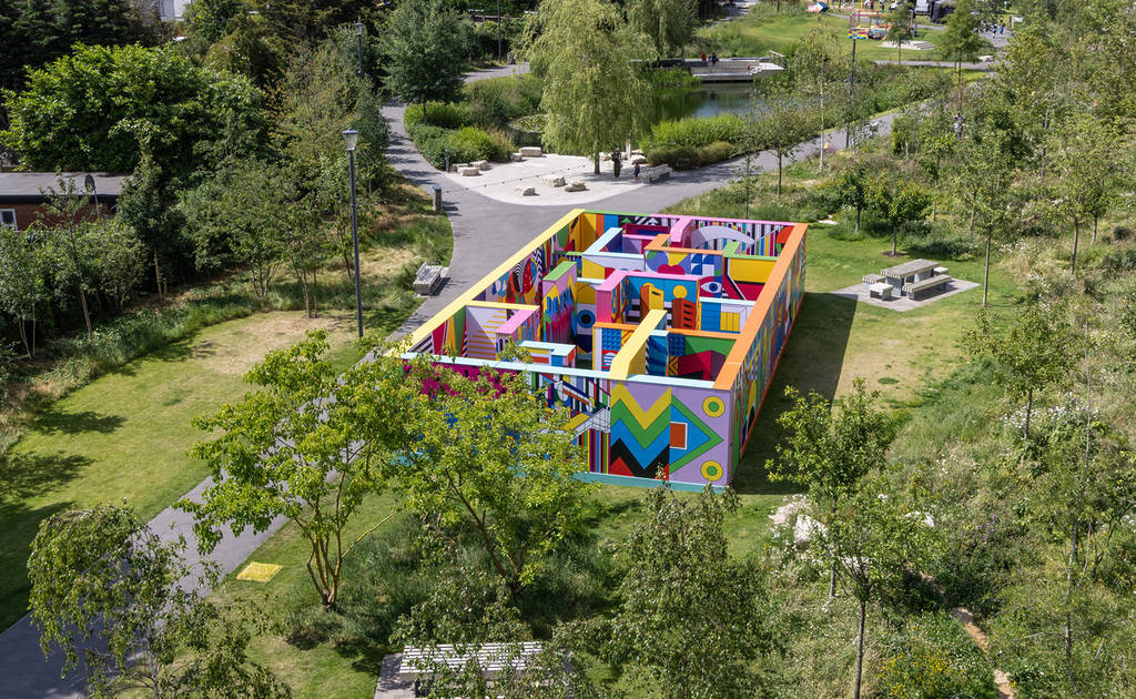 Aerial view of the art maze in Brent Cross